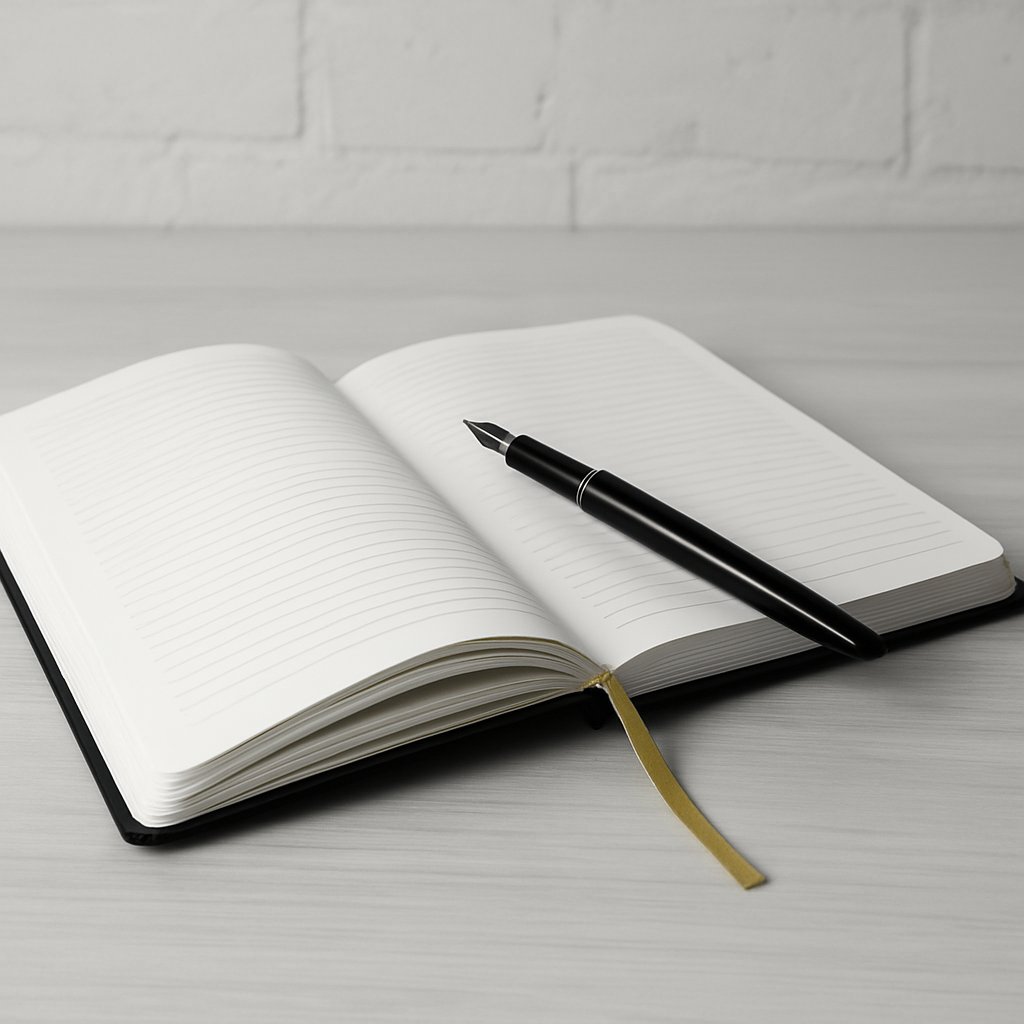 Open journal with a fountain pen and single gold ribbon bookmark.